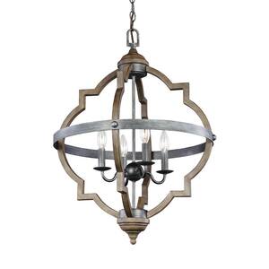 Socorro 20.875 in. W. 4-Light Weathered Gray and Distressed Oak Hall-Foyer Rustic Farmhouse Hanging Pendant