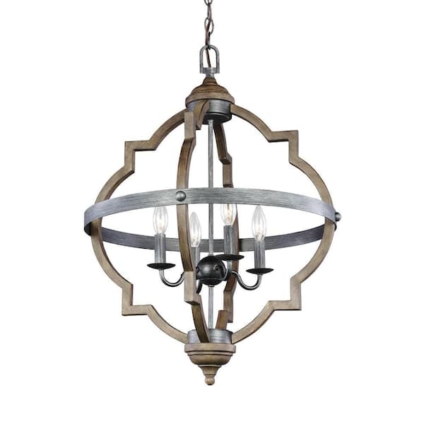 Generation Lighting Socorro 20.875 in. W. 4-Light Weathered Gray and Distressed Oak Hall-Foyer Rustic Farmhouse Hanging Pendant