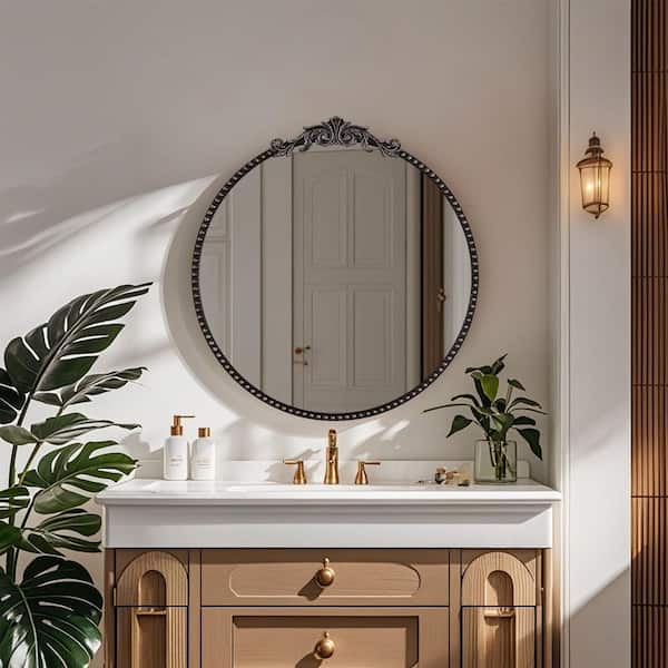 30 in. W x 32 in. H Baroque Carved Round Metal Framed Wall Bathroom Vanity Mirror in Antique Black