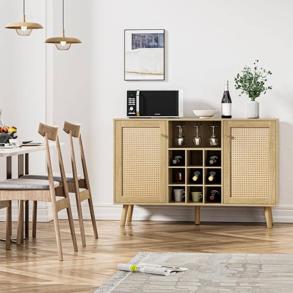Rustic Oak and Rattan Wine Bar Cabinet with Adjustable Shelves