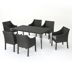 Giovani 28.50 in. Grey 7-Piece Metal Rectangular Outdoor Dining Set with Silver Cushions