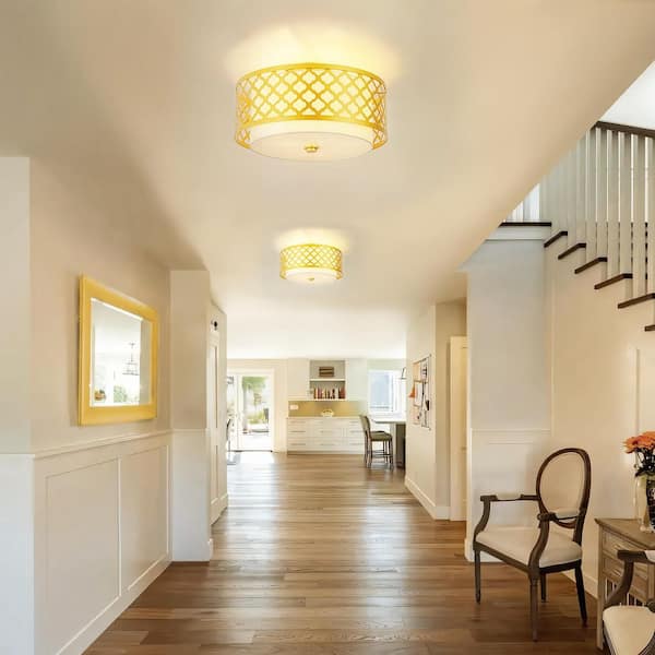 Shauna 17.7 in. 3-light Modern Gold Cylinder Drum Fabric Semi-Flush Mount Light