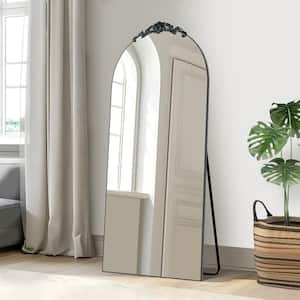 71 in. x 31 in. Modern Arched Wood Framed Removable Carved Flower Black Standing Mirror Full Length Floor Mirror