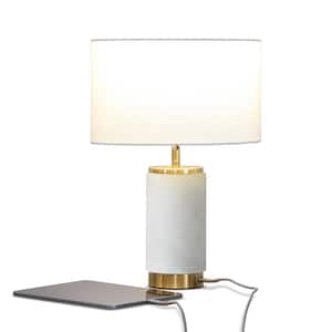 Arden 17 in. White Mid-Century Modern LED Standard Table Lamp with White Fabric Drum Shade and Built-In USB Port