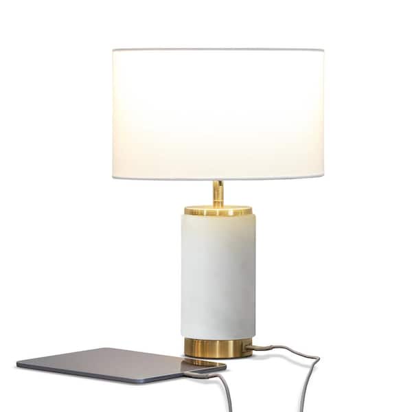 Brightech Arden 17 in. White Mid-Century Modern LED Standard Table Lamp with White Fabric Drum Shade and Built-In USB Port