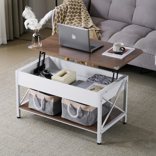 VINGLI 36. 02in Brown Rectangle MDF Coffee Table with Adjustable Height and Side X-shaped Metal Frame