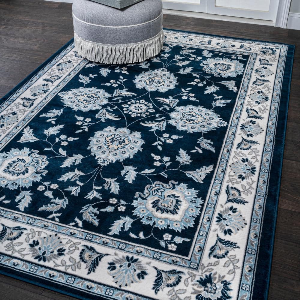Navy and Ivory Rectangular Synthetic 4' x 6' Area Rug
