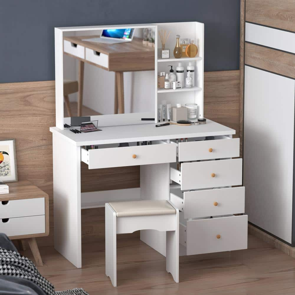 FUFU&GAGA 5-Drawers White Wood Makeup Vanity Sets Dressing Table Sets ...