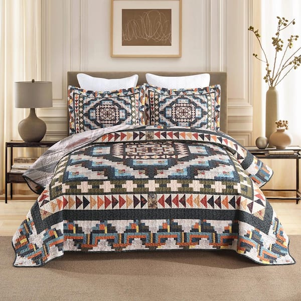B198 Multicolor Southwestern Navajo Design King Size Polyester Quilt Bedspread Set