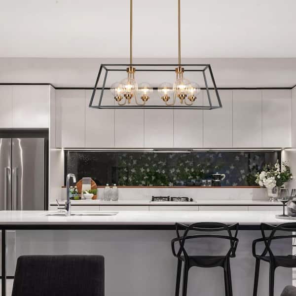 Transitional 33 in. 6-Light Rectangle Island Chandelier with Clear Ribbed Glass, Black and Brass Caged Large Chandelier