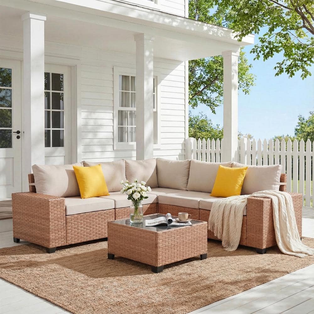 Outdoor Sectional Sofa, L-Shaped Patio Sofa with Glass-top Coffee Table, Beige Cushion price history on PriceWatchPro