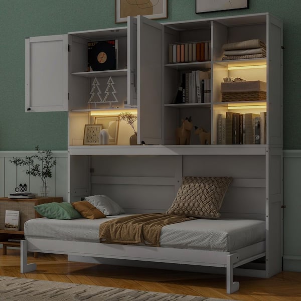 White Wood Frame Twin Size Murphy Bed Wall Bed with Shelves, Cabinets, Light, USB