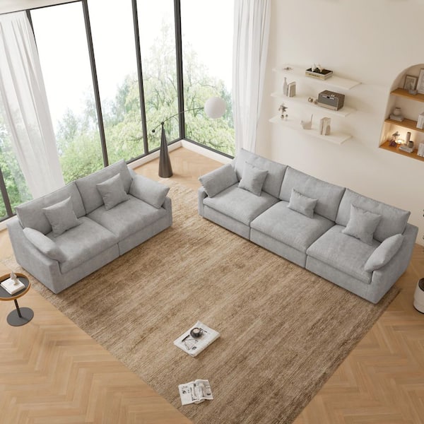 Modular Linen Fabric Pine Wood Cloud Living Room Set 2 Seater and 3 Seater Sectional Sofa with Washable Cover in Gray