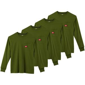 Men's X-Large Olive Green Heavy-Duty Cotton/Polyester Long-Sleeve Pocket T-Shirt (4-Pack)