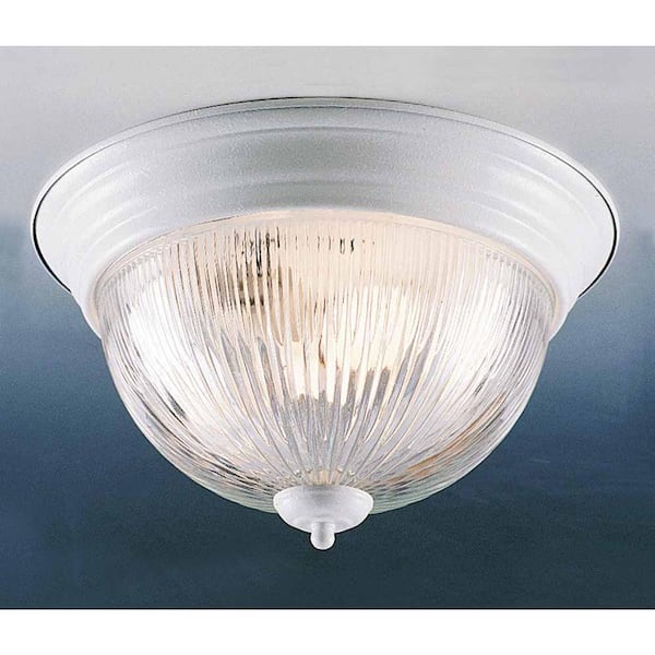 13 in. 2-Light White Indoor Flush Mount with Clear Ribbed Glass Bowl