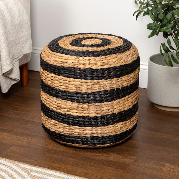 Aimee 15.7 in. H Natural/Black Modern Minimalist Alternating Hand-Woven Hyacinth Wicker Stool