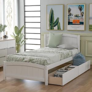 Classic 41.7 in. W White Wood Frame Twin Size Platform Bed with 2-Drawers