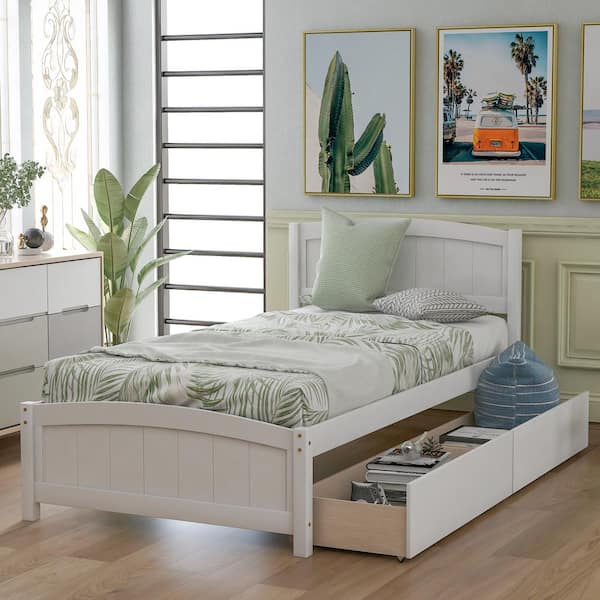 Harper & Bright Designs Classic 41.7 in. W White Wood Frame Twin Size Platform Bed with 2-Drawers
