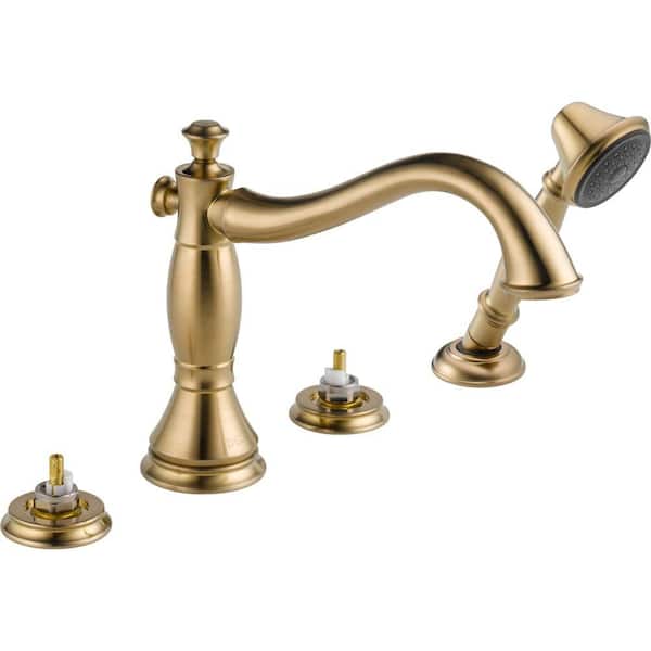 Delta Cassidy 2-Handle Deck-Mount Roman Tub Faucet Trim Kit with HandShower in Champagne Bronze Valve and Handle Not Included