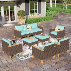 Brown Rattan Wicker 9-Seat 9-Piece Steel Patio Outdoor Sectional Set with Blue Cushions