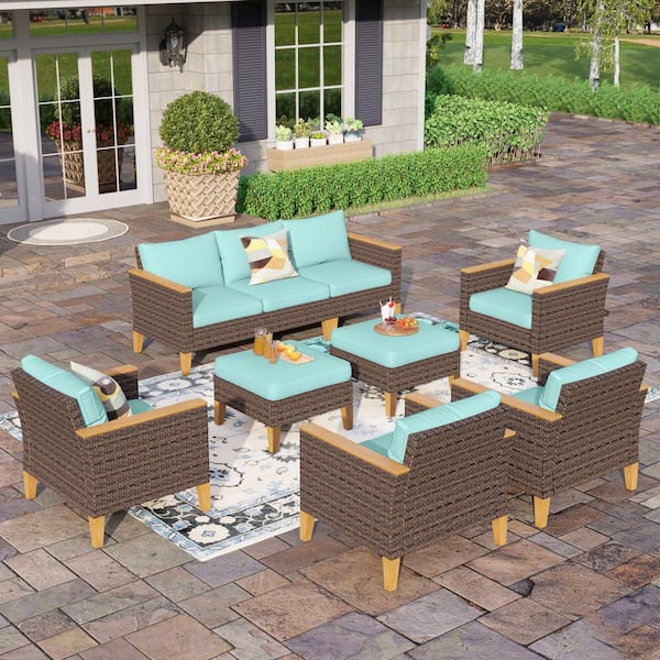 PHI VILLA Brown Rattan Wicker 9-Seat 9-Piece Steel Patio Outdoor Sectional Set with Blue Cushions