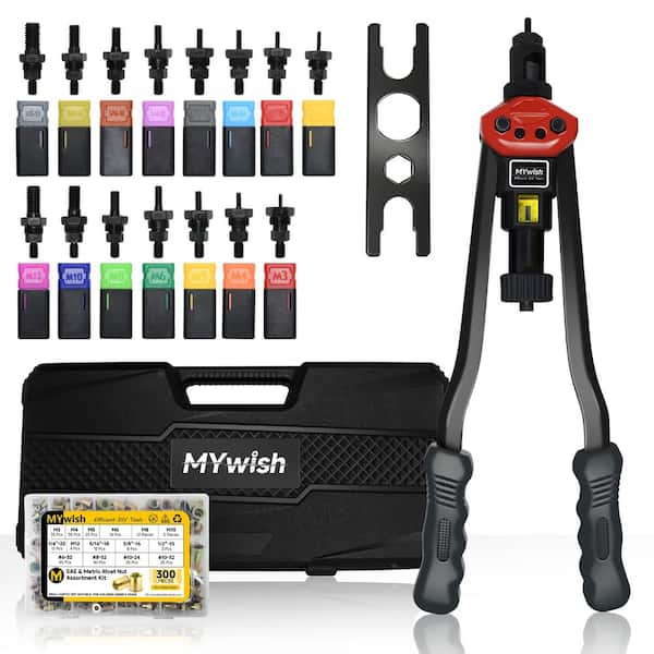 16" Rivet Nut Tool Kit Nutserts Rivnut Hand Tool Set with 15PCS Metric and SAE Mandrels and 300PCS Rivet Nuts Assortment
