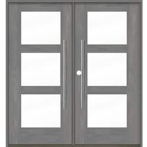 Faux Pivot 72 in. x 80 in. Right-Active/Inswing 3Lite Clear Glass Malibu Grey Stain Double Fiberglass Prehung Front Door