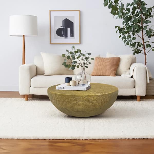 THE URBAN PORT Terminus 36 in. Brass Round Aluminum Metal Coffee Table with Bowl Base and Hand Etched Texture