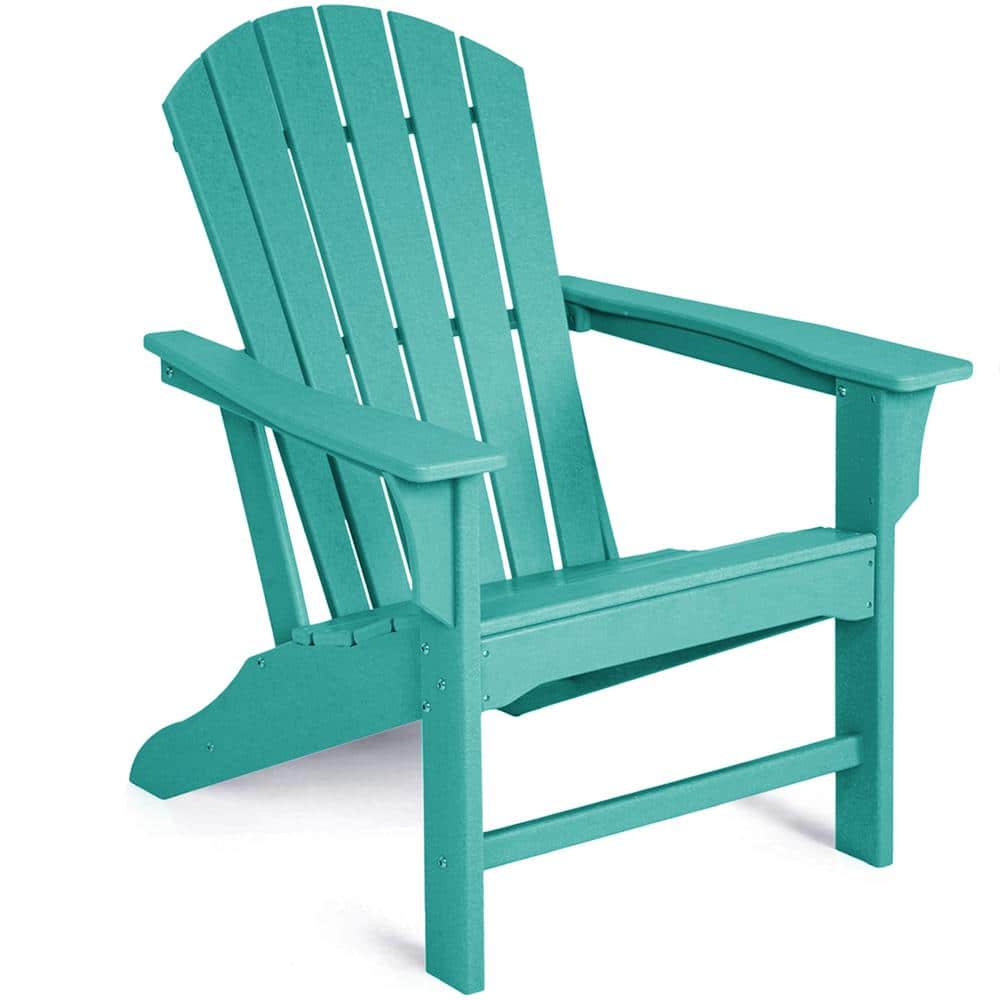 Opposite three-quarter view of the turquoise blue plastic Adirondack chair.