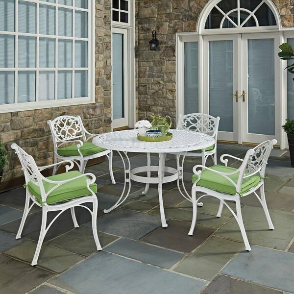 HOMESTYLES Sanibel White Stationary Cast Aluminum Outdoor Dining Arm Chair with Green Cushion (2-Pack)