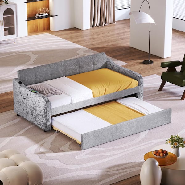 Harper & Bright Designs Gray Twin Size Wood Snowflake Velvet Upholstered Daybed with Twin Size Adjustable Trundle, USB Charging