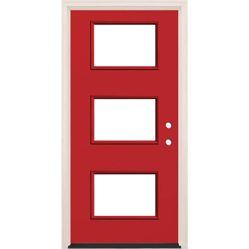 36 in. x 80 in. Left-Hand/Inswing 3 Lite Clear Glass Ruby Red Painted Fiberglass Prehung Front Door w/6-9/16 in. Frame price history on PriceWatchPro