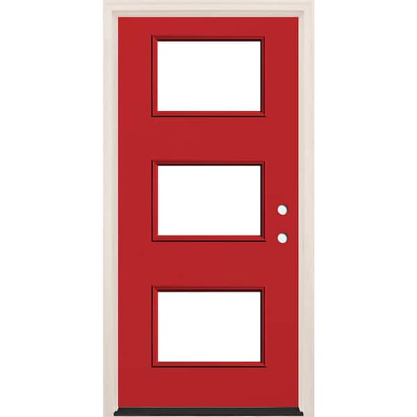 Builders Choice 36 in. x 80 in. Left-Hand/Inswing 3 Lite Clear Glass Ruby Red Painted Fiberglass Prehung Front Door w/6-9/16 in. Frame