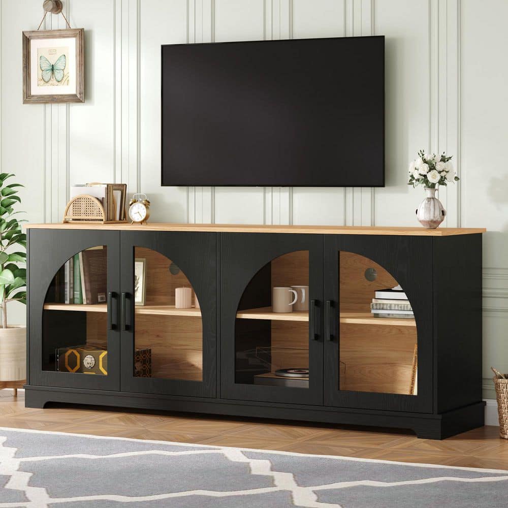 Rathmont Modern Rustic Black + Natural TV Stand Fits TV's up to 70 in. Media Console Sideboard with Adjustable Shelves