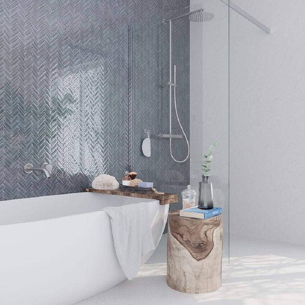 Dark Gray 11" x 12.6" Herringbone Polished Glass Mosaic Tile