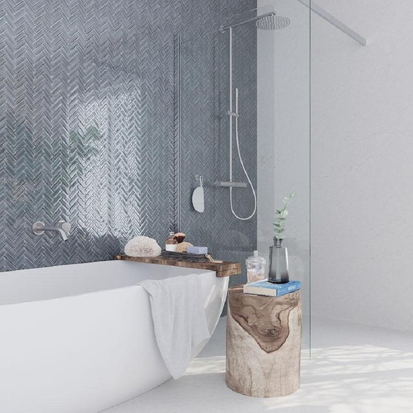 Dark Gray 11 in. x 12.6 in. Herringbone Polished Glass Mosaic Tile (4.81 sq. ft./Case)