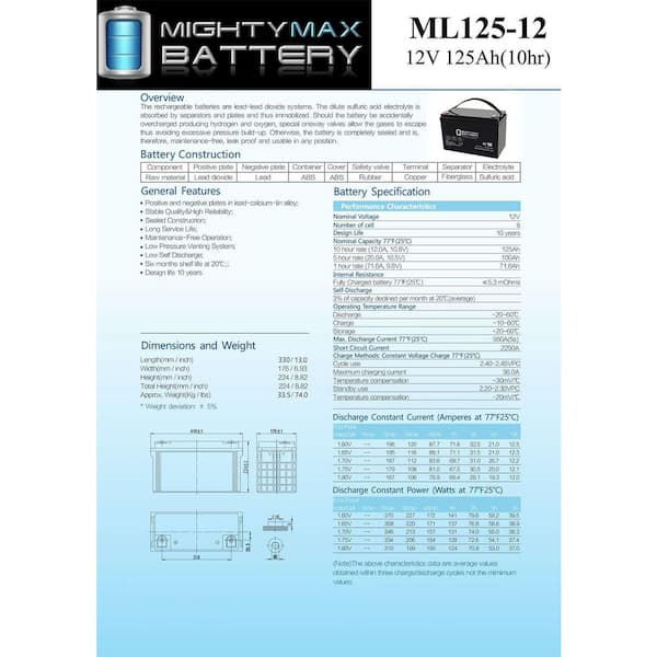 MIGHTY MAX BATTERY 12-Volt 125 Ah Rechargeable Sealed Lead Acid