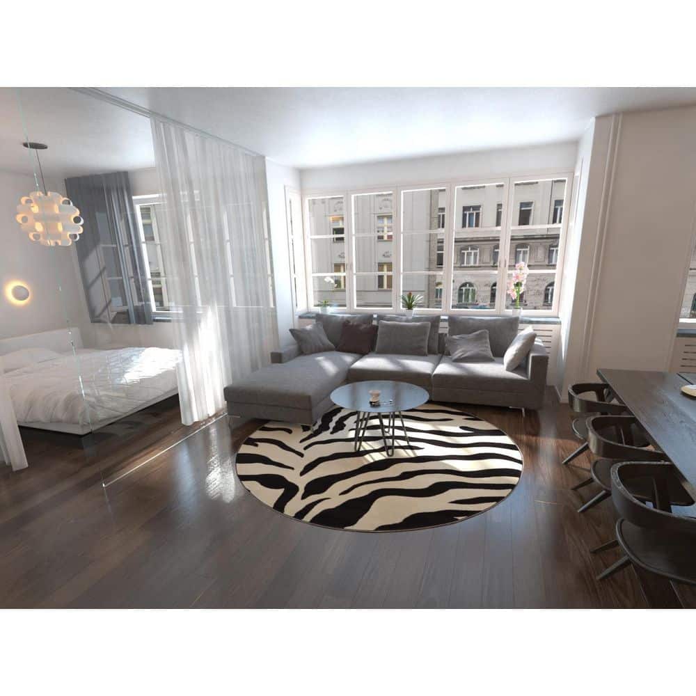 Safari Charm Round Ivory & Black Zebra Print Area Rug, 4' Diameter