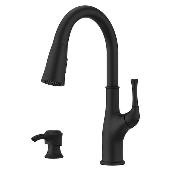 Pfister Alderwood Single Handle Pull Down Kitchen Faucet with Deck Plate and Soap Dispenser in Matte Black