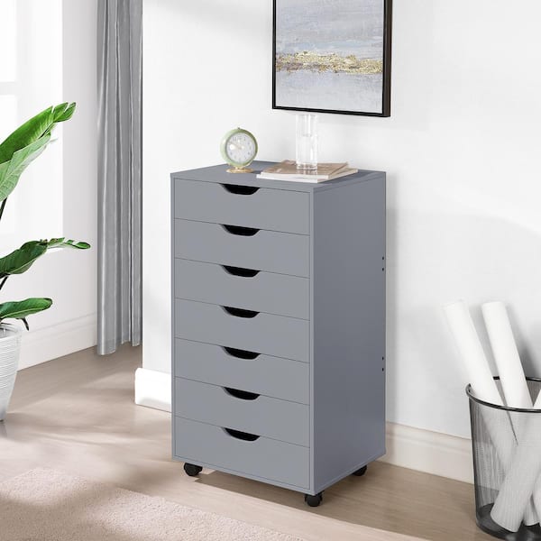 7-Drawer Gray Wood 18.9 in. W Vertical Storage Dresser with Wheels Makeup Dresser File Cabinet