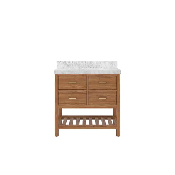 Willow Collections Parker Teak 36 in. W x 22 in. D x 36 in. H Single Sink Bath Vanity Center in Golden Teak with 2 in. Carrara Marble Top