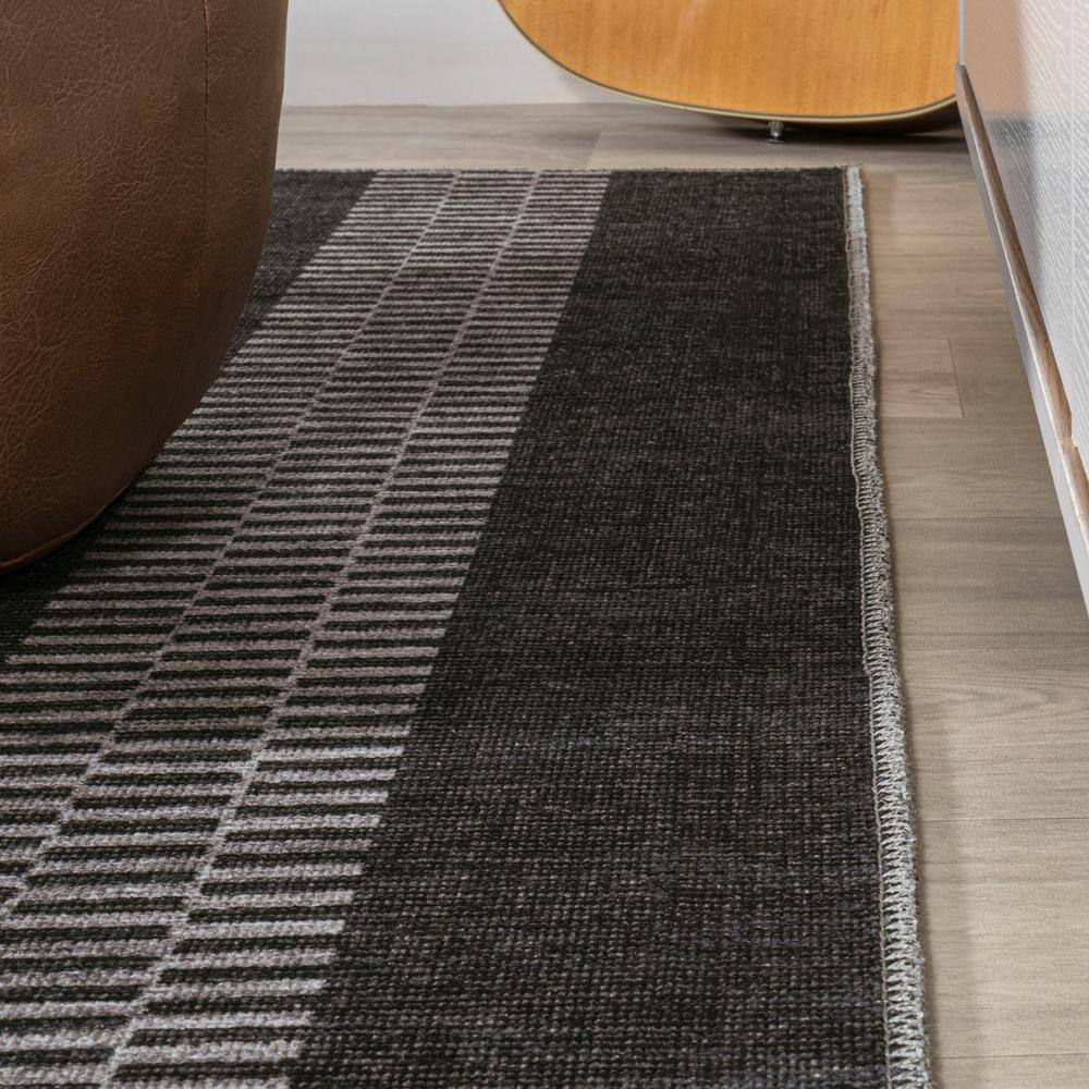 Ivory and Black Striped Synthetic Washable Area Rug