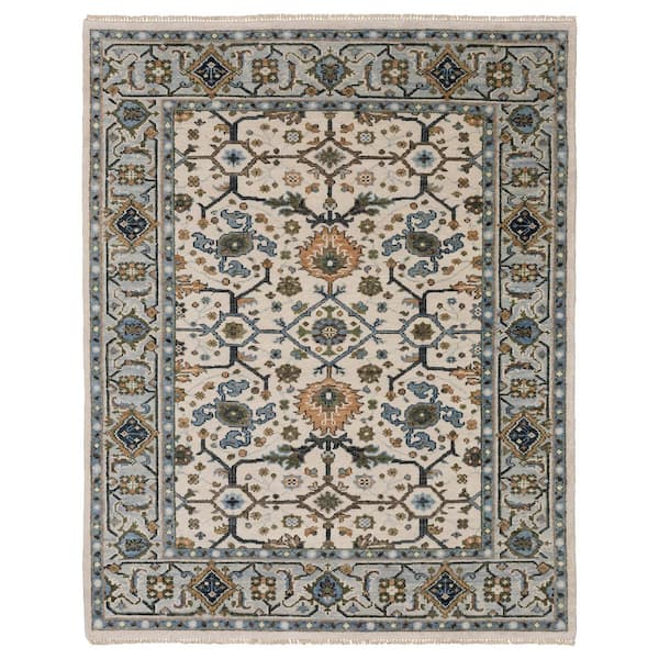 Majestic Ivory/Blue 9 ft. x 12 ft. Border Oriental Floral Hand-Knotted Wool Fringed-Edge Indoor Area Rug