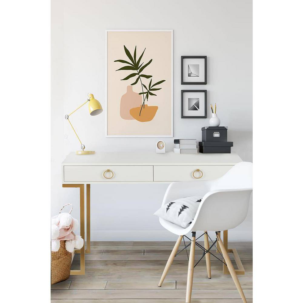 White Wood and Gold Metal Two Drawer Writing Desk