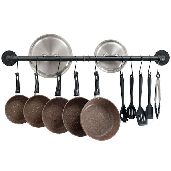 Numhew 38 in. Black Wall Mounted Pot Bar Rack with 14 S Hooks, Detachable Pans Hanging Rail, Kitchen Lids Utensils Hanger