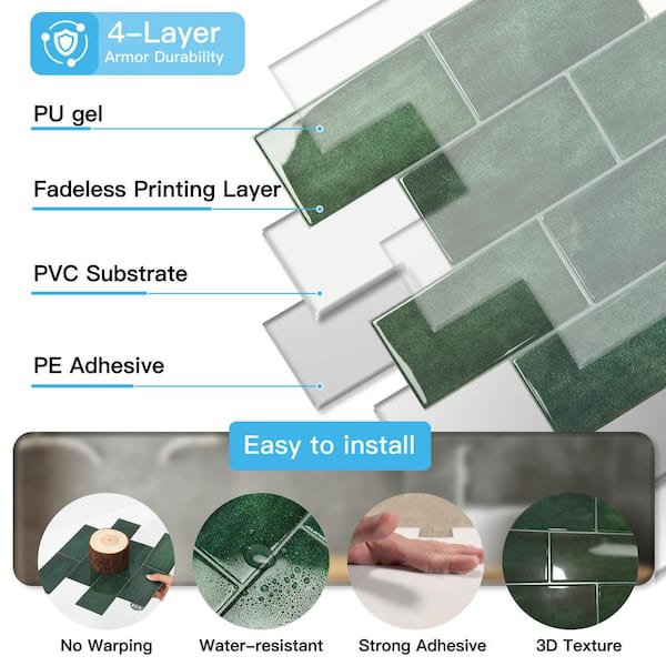 Dark Green12. 6 in. x 10.6 in. PVC Peel and Stick Backsplash, Water Resistant Subway Tiles Stick on Kitchen (10-Pack)