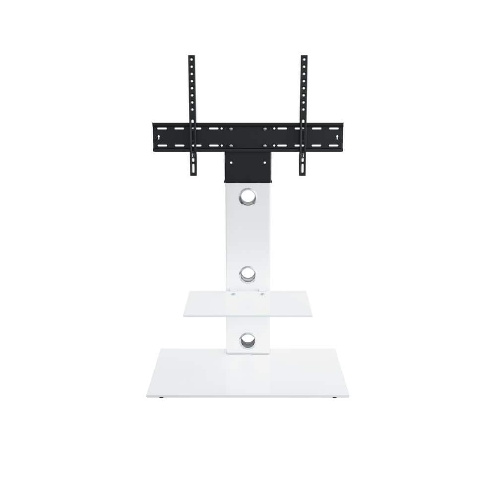 White Gloss TV Floor Stand with Mount and Tempered Glass Shelves