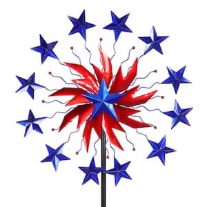 5.96 ft. Patriotic Double Star Windmill Kinetic Spinner Multi-Color Metal Garden Stake