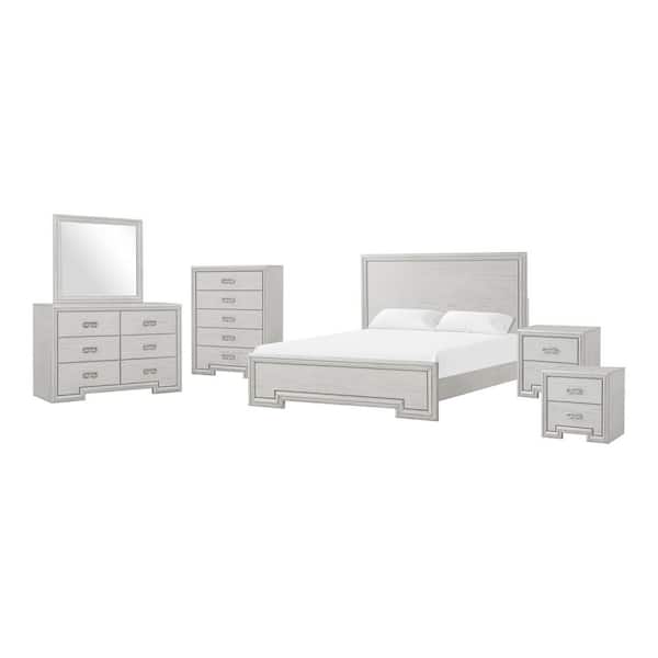Osurin 6-Piece Rustic White Wood Frame King Panel Bedroom Set with Greek Key Pull, Metal Handles, Charger on Nightstand