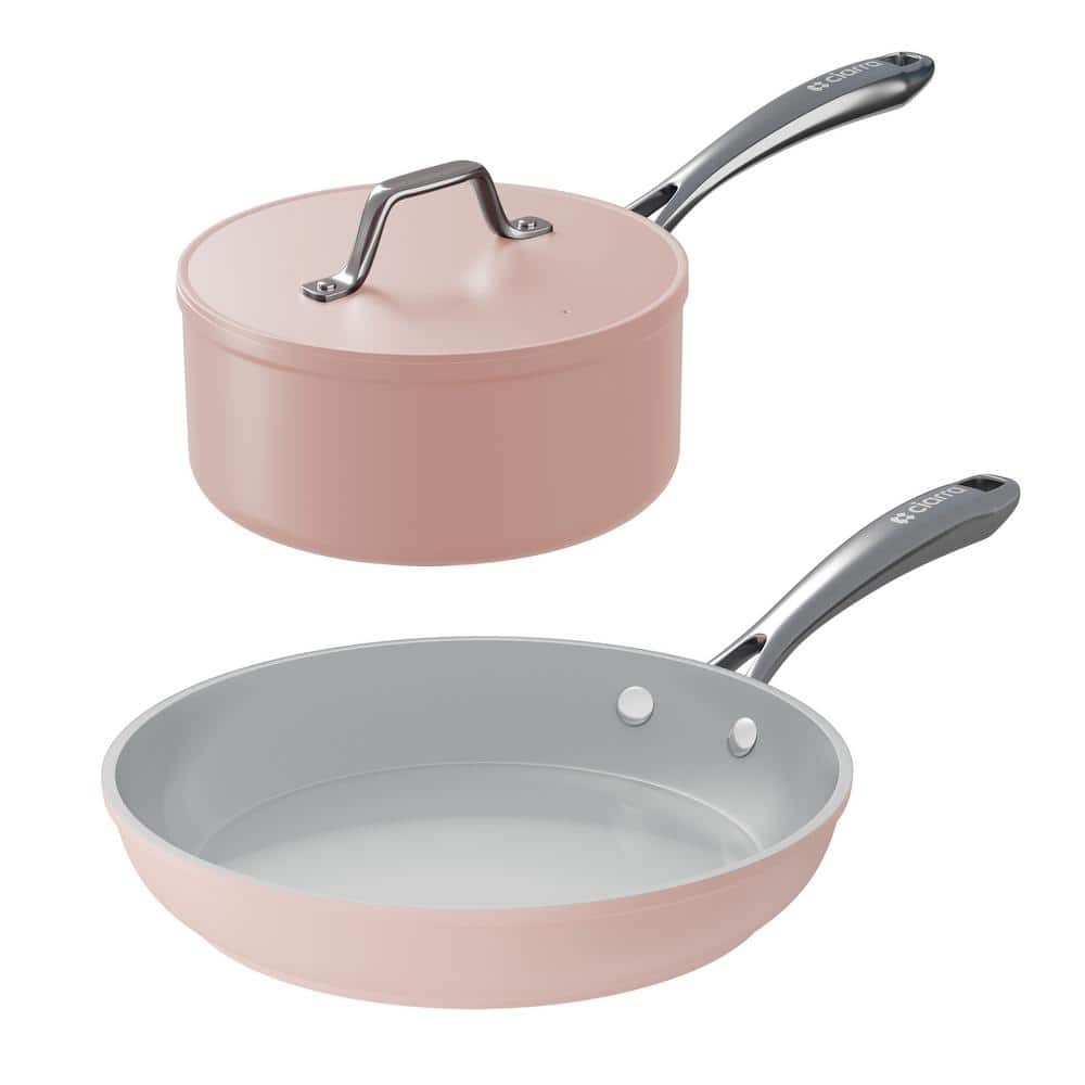 JEREMY CASS 2 Piece Ceramic Nonstick Cookware Set in Pink, Frying Pan, Sauce Pan